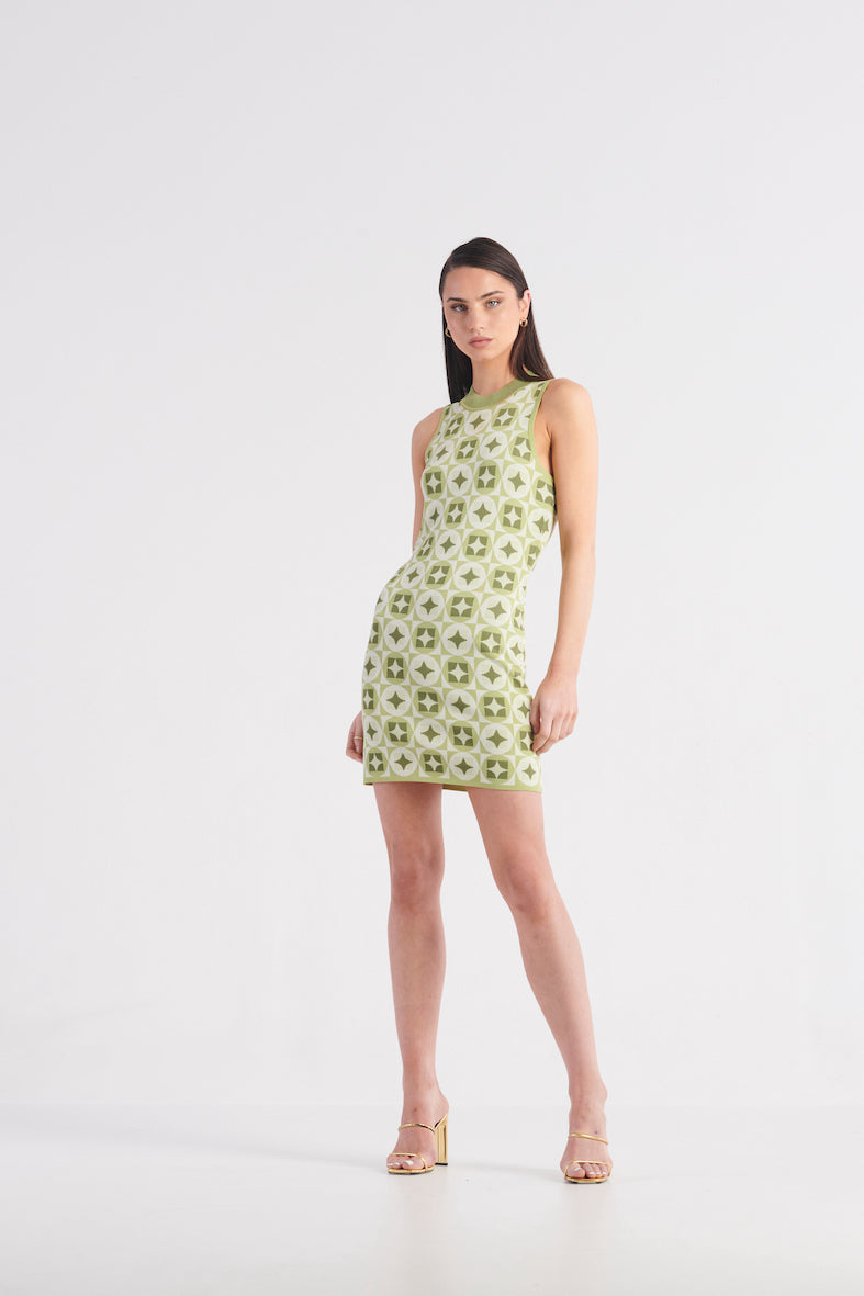 Marrakesh Mosaic Mini Knit Dress - Citrus Green Multi